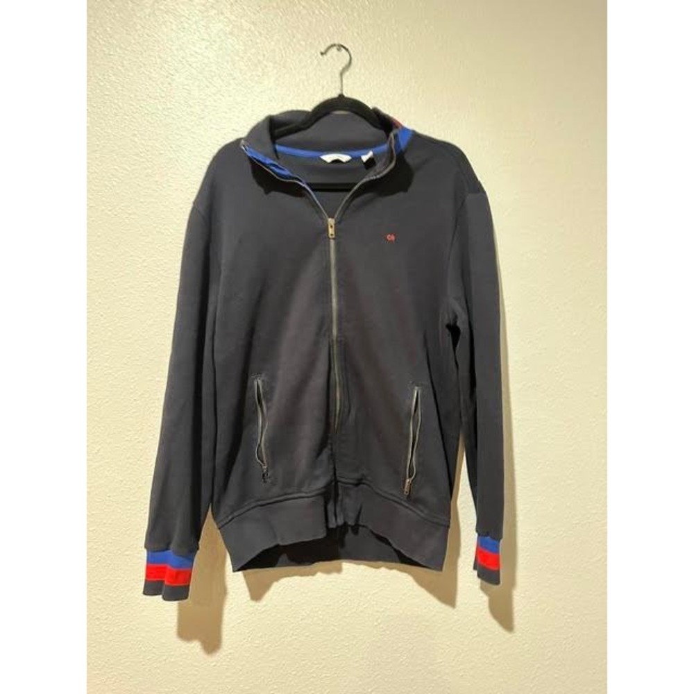 Calvin Klein Mens Navy Blue Full Zip Sweatshirt Striped Cuffs Mock Neck Logo L